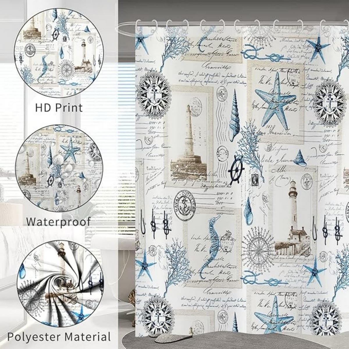 DUSCHVORHANG nautisch Vintage Leuchtturm Anker Ozean Strand Badewanne wasserdicht - Weiß, Textil (180/180cm) - MCBOSON
