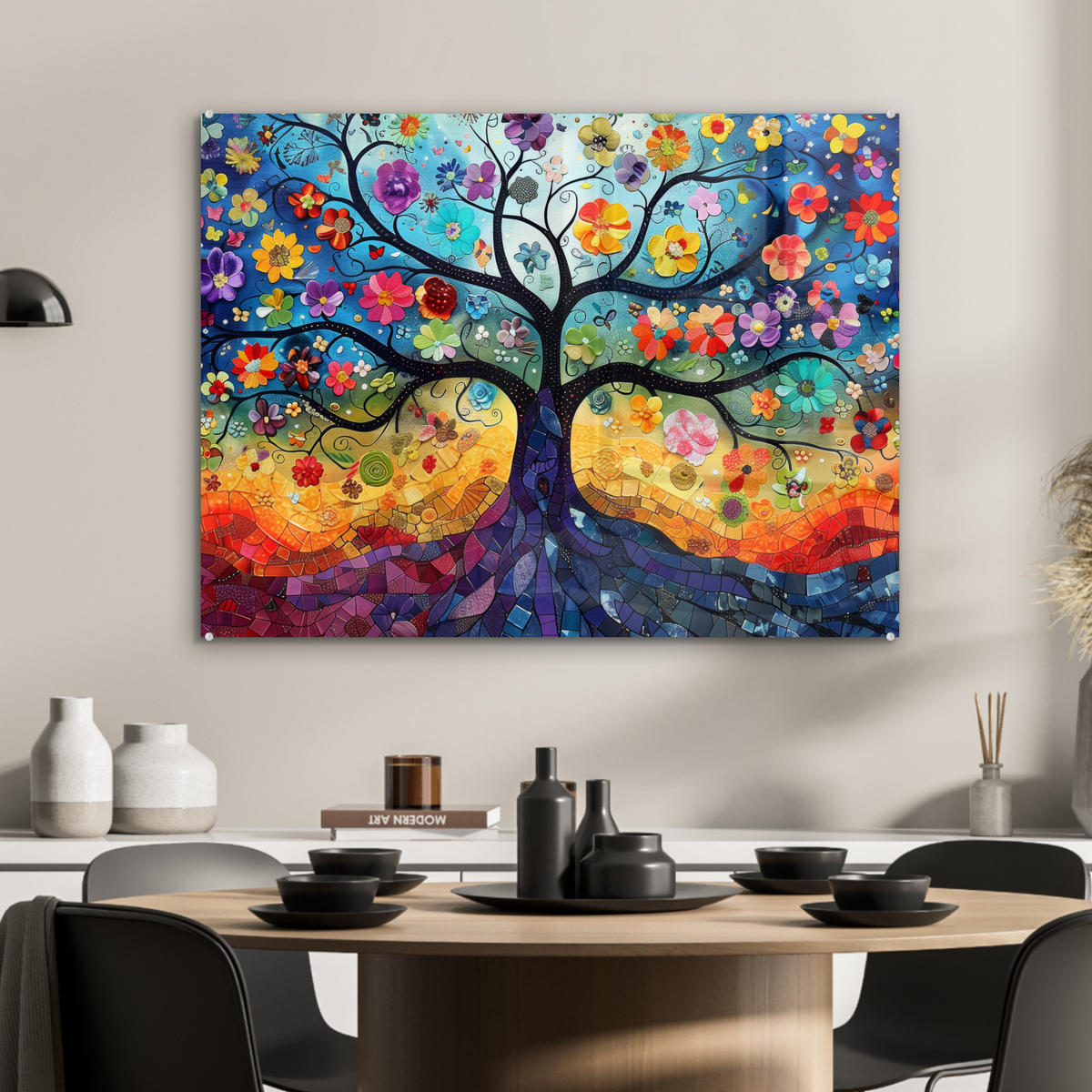 OBRAZ NA AKRYLOVOM SKLE Umenie - Strom života - Kvety - Hippie 80x60 cm - tmavomodrá, sklo (80/60cm) - MuchoWow