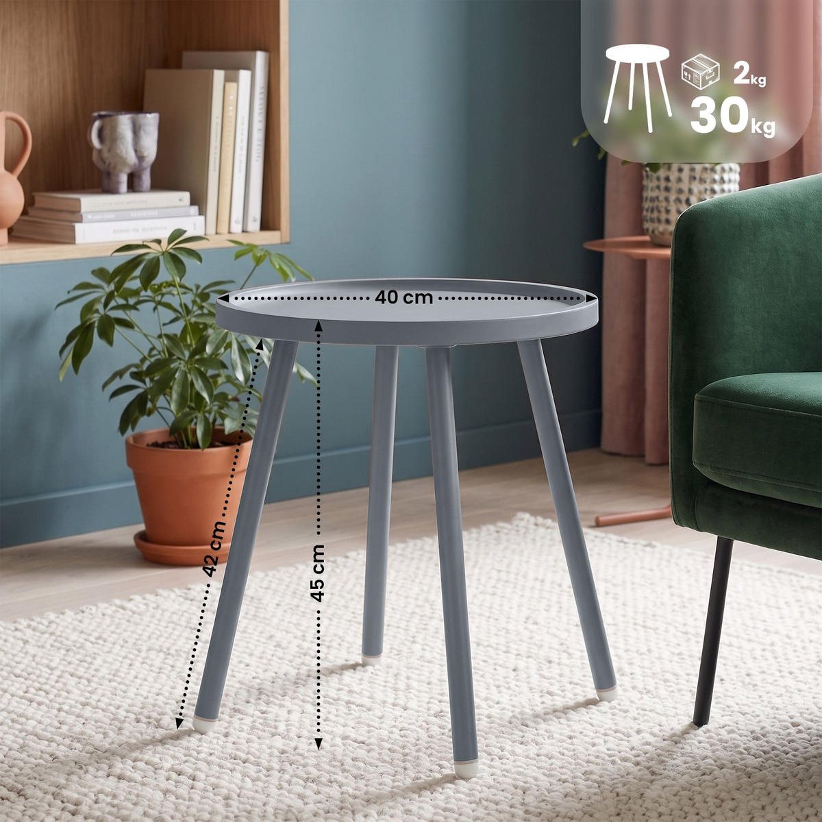 BEISTELLTISCH rund 40 cm Kunststoff Grau - Grau, Kunststoff/Metall (40/40/45cm) - CLP