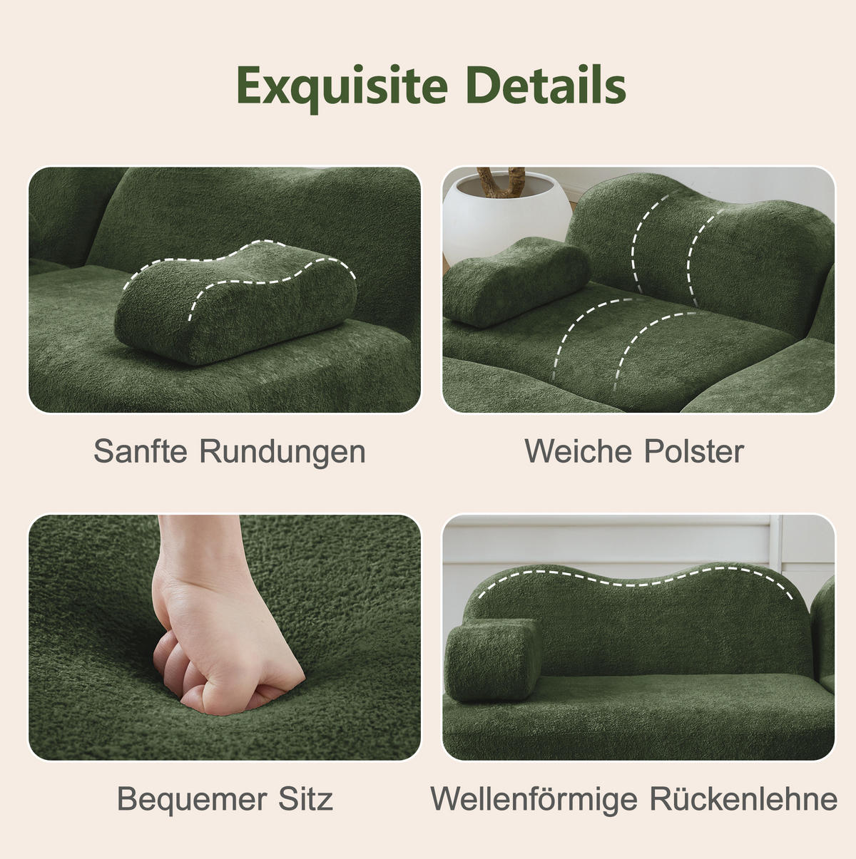 SOFA 288/167/70 cm in Grün aus Samt mit Wellenform und Hocker - Grün, Textil (167/70/288cm) - Flora Grace