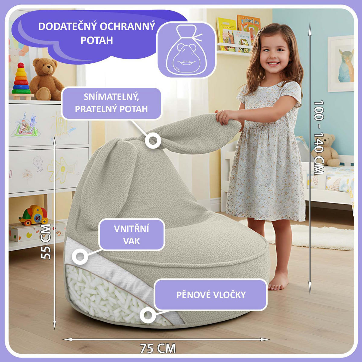 SITZSACK FÜR KINDER Hase 75/75/55 cm, weicher Bouclé 315 g/m², abnehmbarer Bezug, Lamb Cloud - Creme, Textil (75/55/75cm) - Dreamroots
