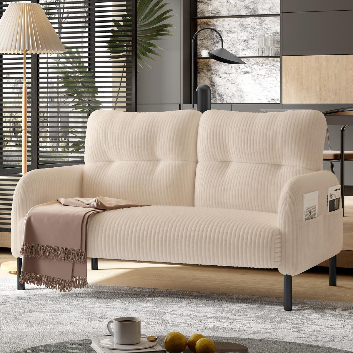 2-SITZER-SOFA Stoffcouch mit Seitentaschen,Cord,Beige - Beige, Textil (120/79/75cm) - LVHOM