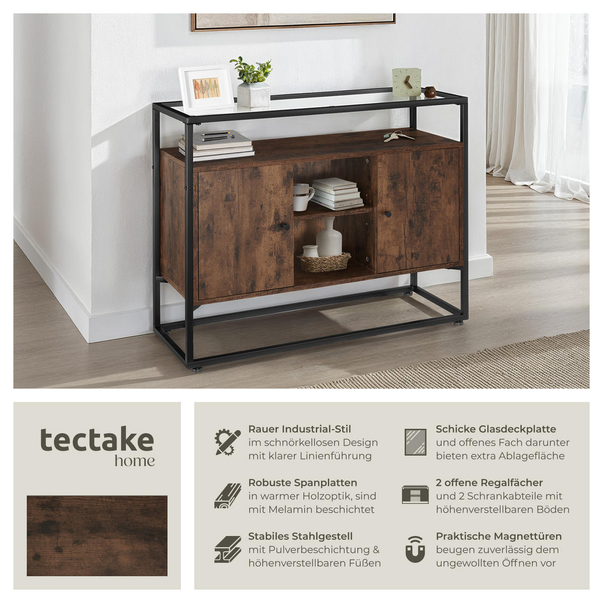 SIDEBOARD Oldham,100 x 38 x 80,5 cm,Industrial Holz dunkel, rustikal - Rostfarben, Holzwerkstoff (38/80.5/100cm) - tectake