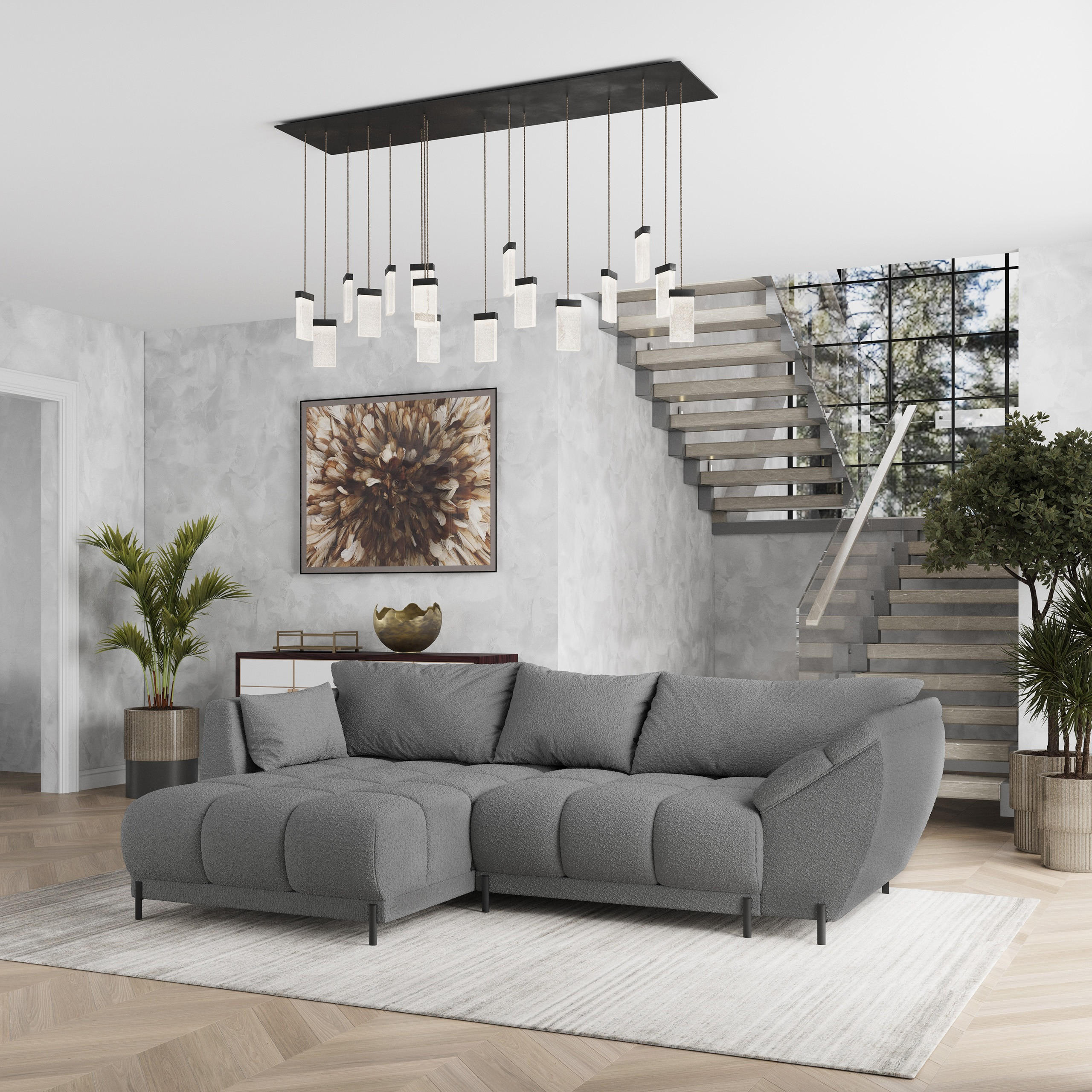ECKSOFA VESTANO L-S Grau Boucle-Stoff mit Schlaffunktion - Grau, Holz (287/182cm) - MASSENO