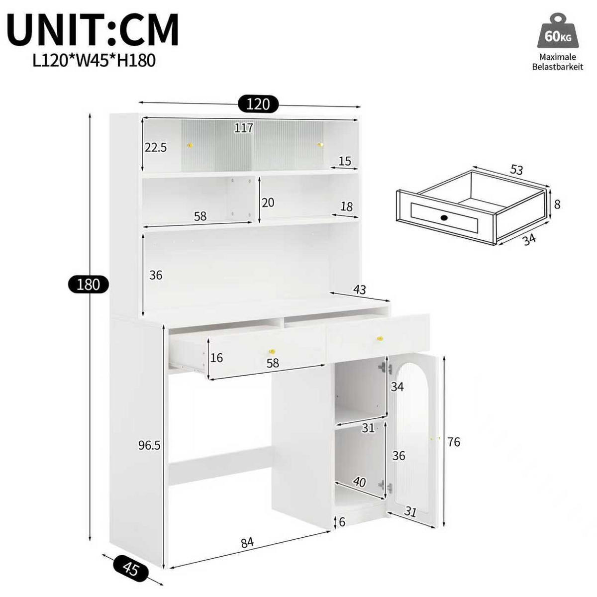 BUFFET 120/45/180 cm weiß aus MDF mit Hakenleiste - Weiß, Holzwerkstoff (120/180/45cm) - OKWISH