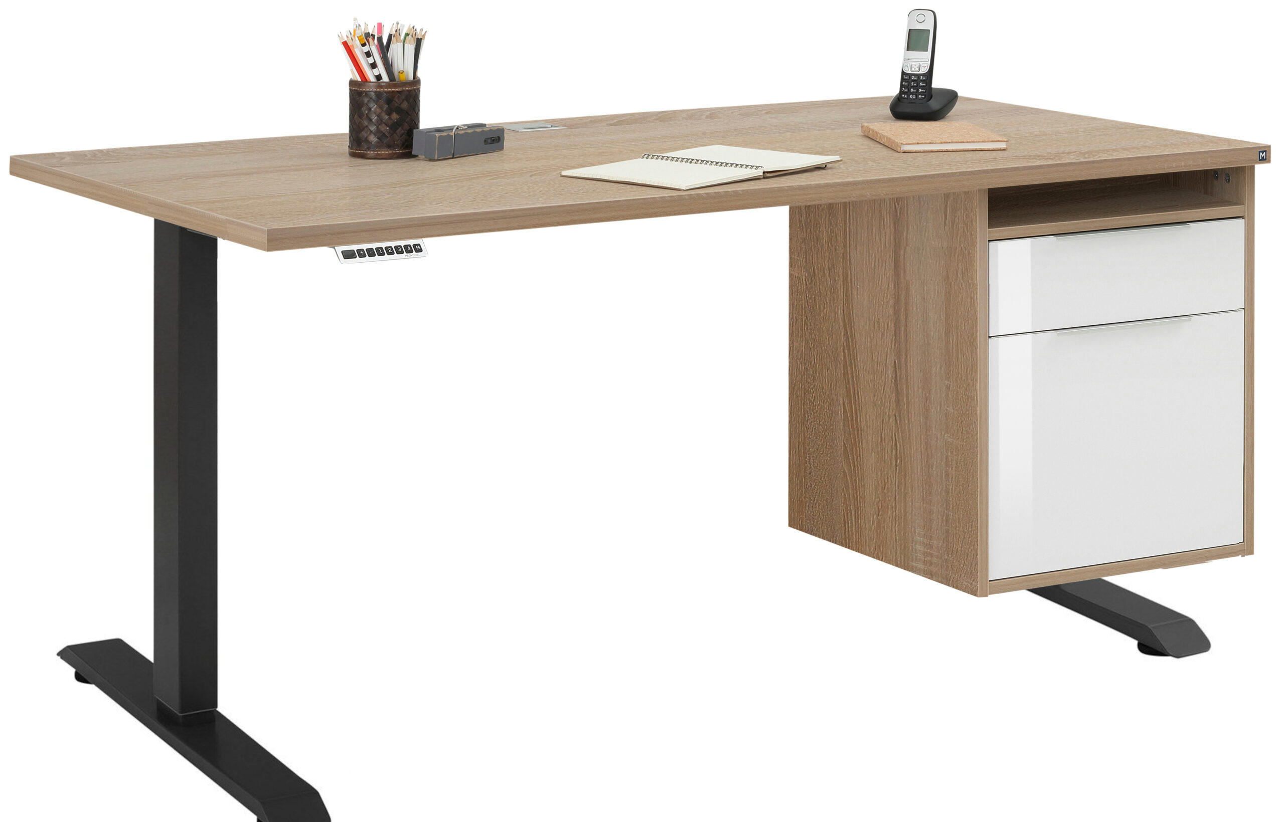 SCHREIBTISCH mit Hängecontainer Anthrazit, Eiche Sonoma und Weiß 150x80cm, elektrisch höhenverstellbar – von MAJA Möbel – Container rechts - Schwarz, Holzwerkstoff (80/150/70.5cm)