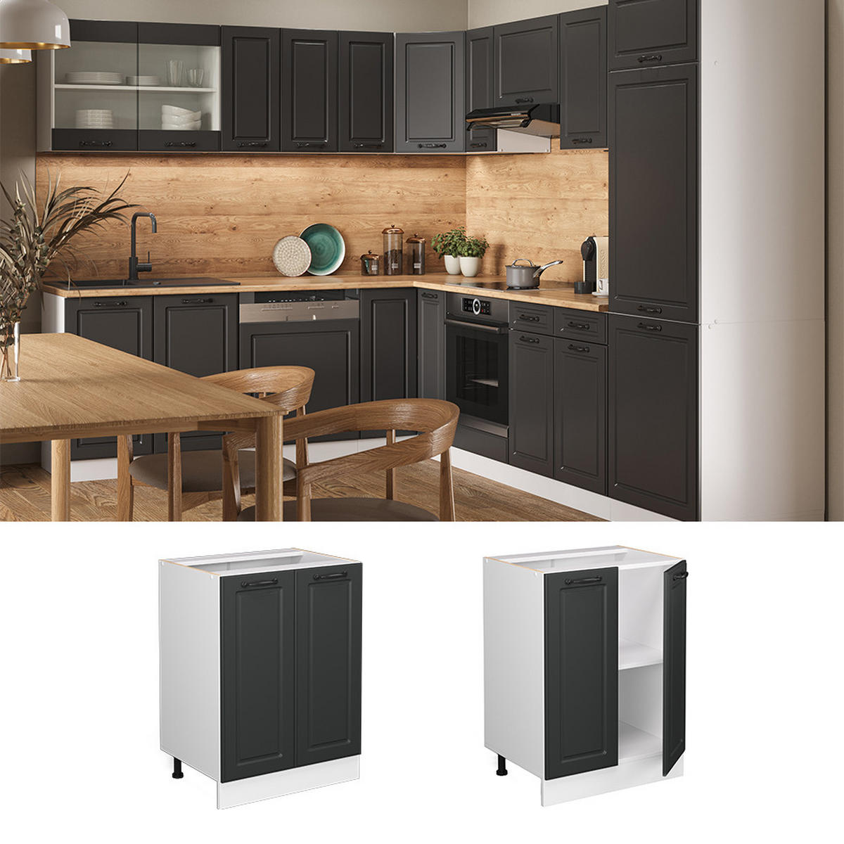 KÜCHENUNTERSCHRANK R-Line Anthrazit Landhaus 60 cm, AP Eiche - Dunkelgrau/Anthrazit, Holzwerkstoff (60/81.6/60cm) - Vicco