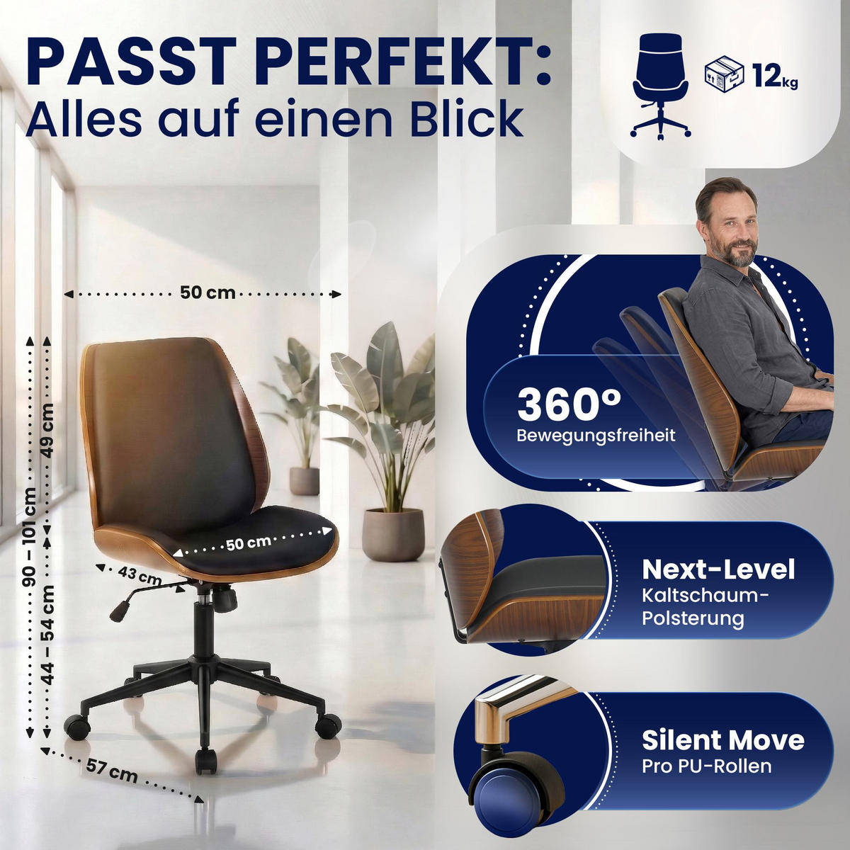 DREHSTUHL Lederlook Walnuss/Schwarz - Walnussfarben/Schwarz, Textil/Metall (49.5/90/57cm) - CLP