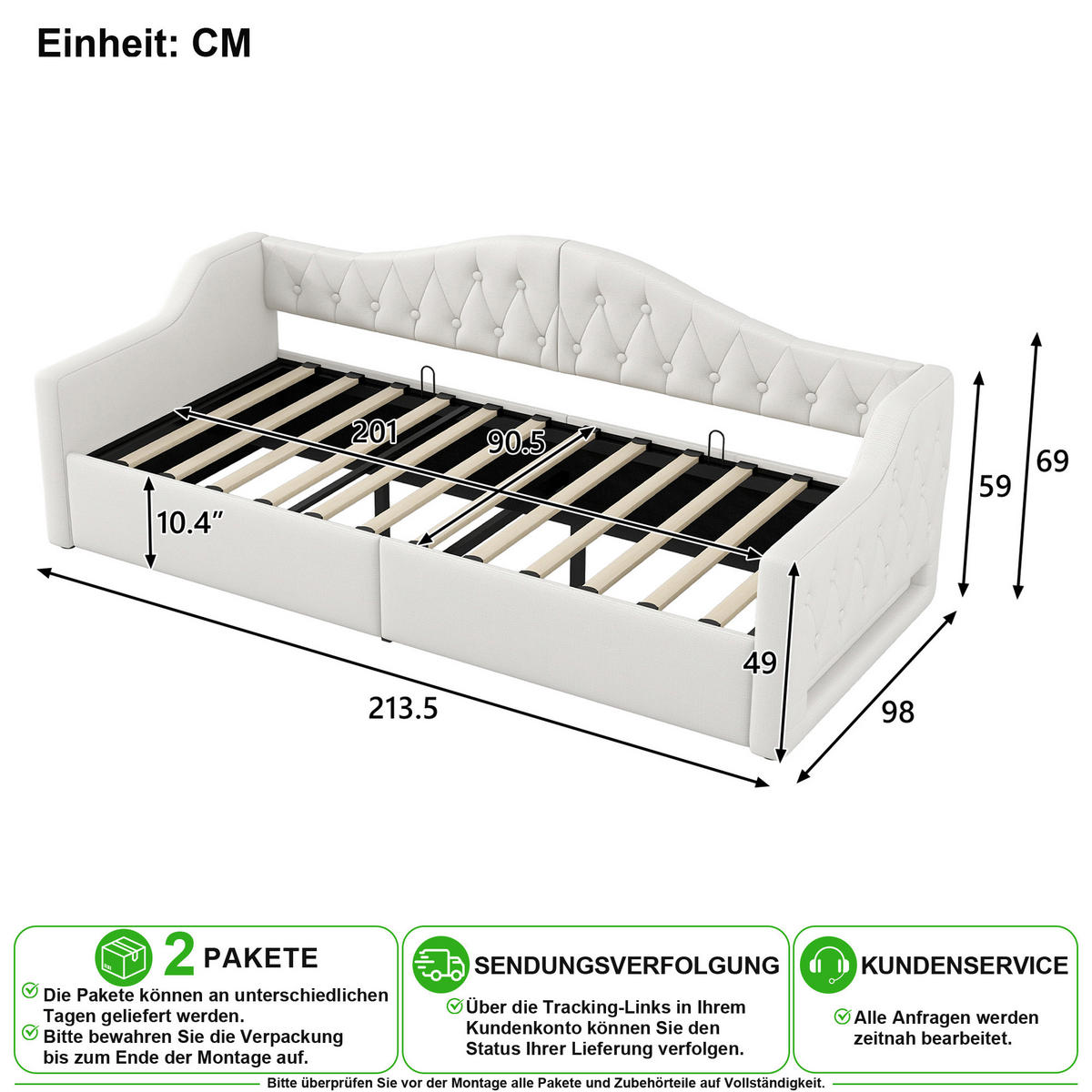 POLSTERBETT 90/200 cm in Beige Leinen mit Bettkasten und LED - Beige, Holzwerkstoff/Textil (90/200cm) - CHICFURN