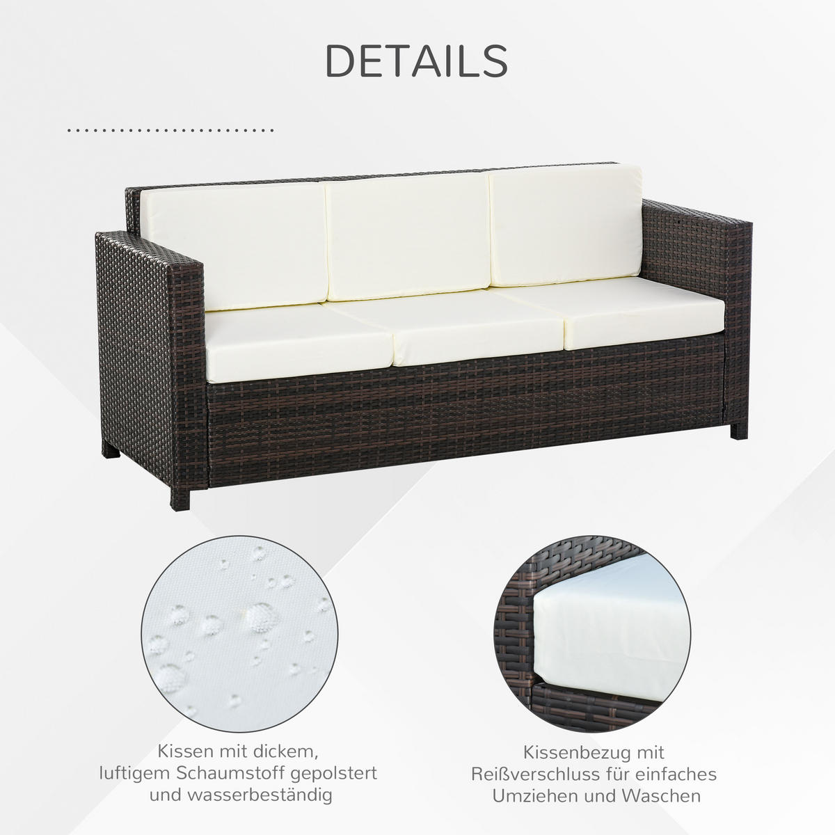 POLY-RATTAN Sofa, Metall, Braun+Weiß - Multicolor, Metall (70/80/185cm) - Outsunny