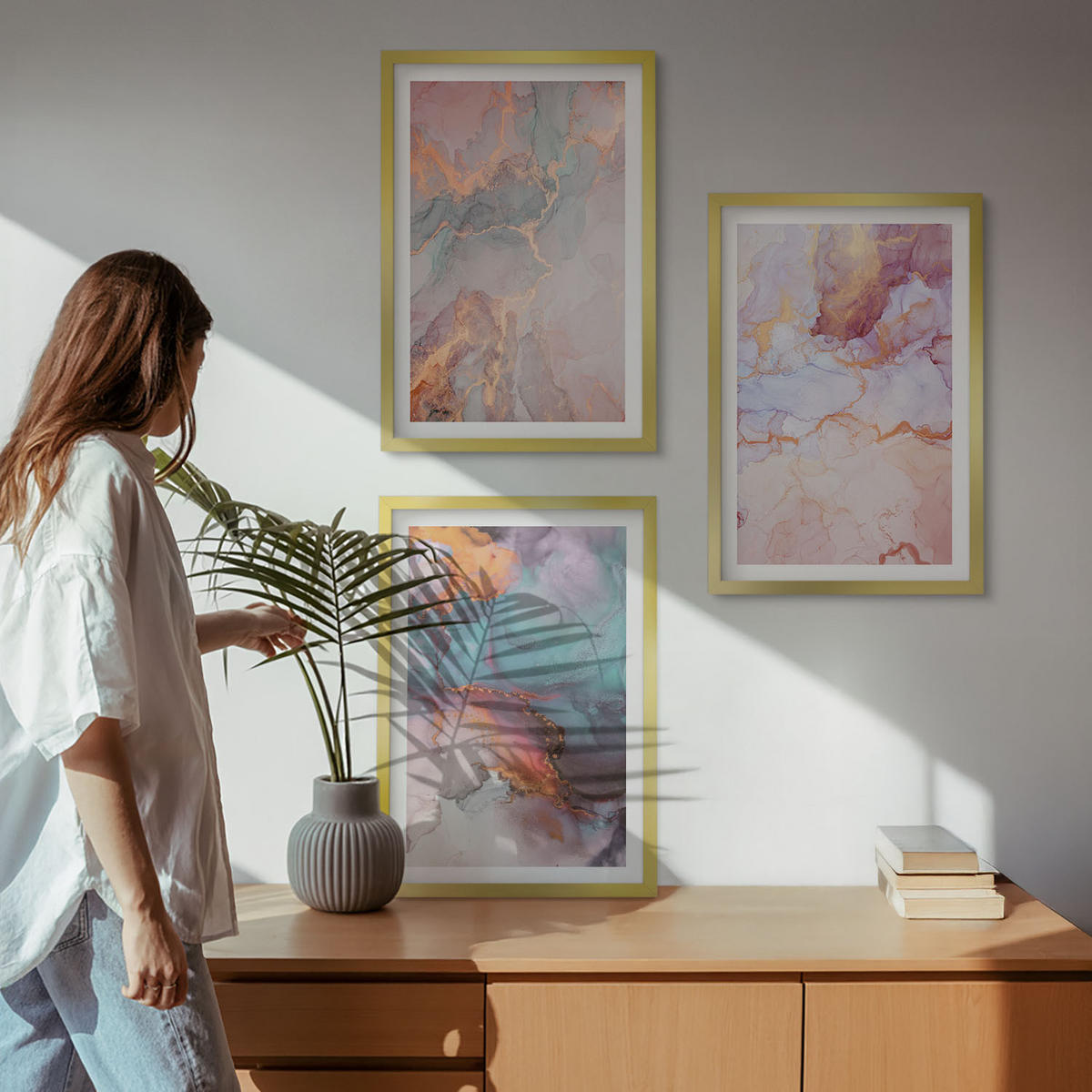 BILDER SET 3er Set - 40x60 cm Goldrahmen - Abstrakte Pastellmuster - Goldfarben, Kunststoff (40/60cm) - TULUP