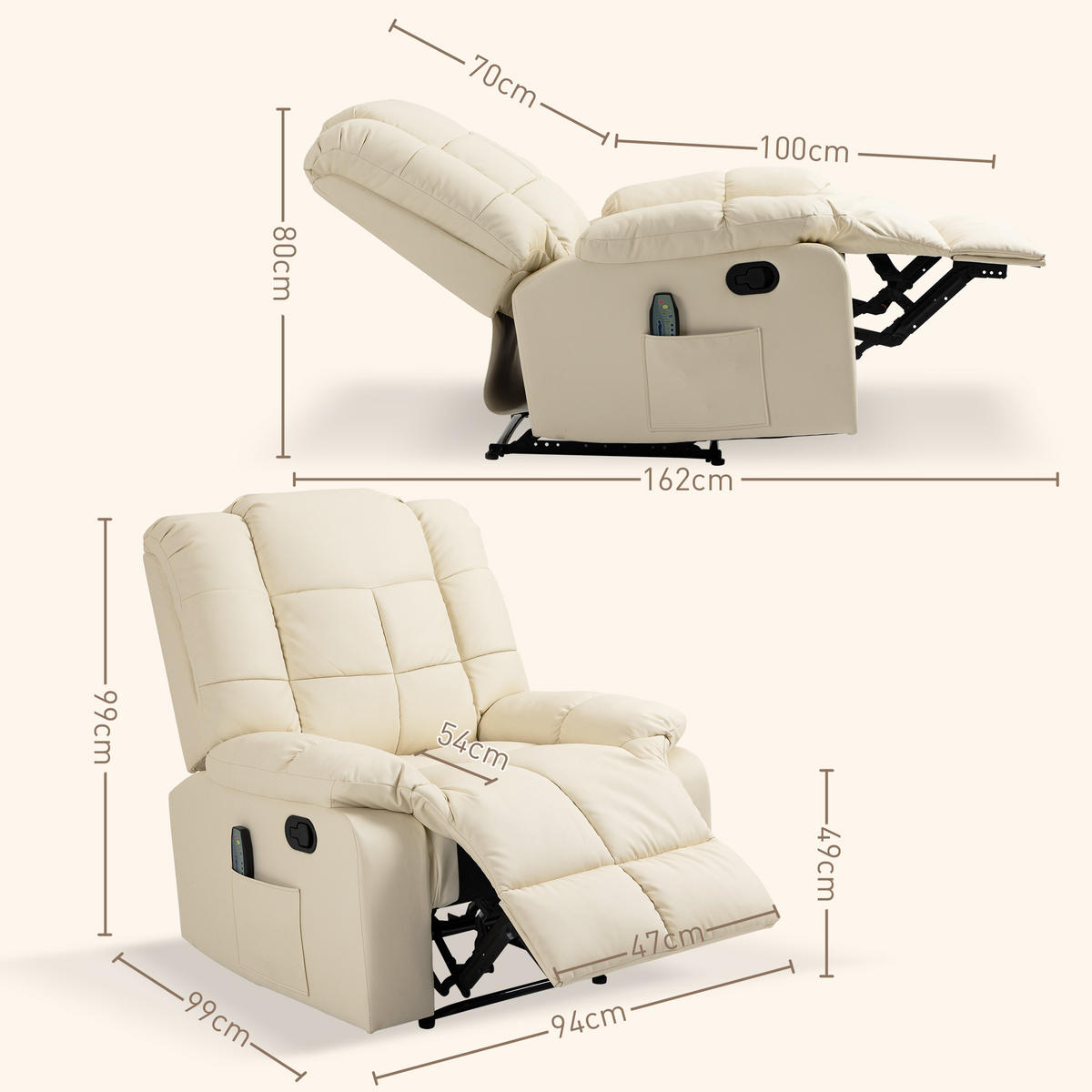 MASSAGESESSEL Elektrisch Fernsehsessel mit Liegefunktion 8 Massagepunkte Creme - Creme/Schwarz, Leder (99/99/94cm) - HOMCOM