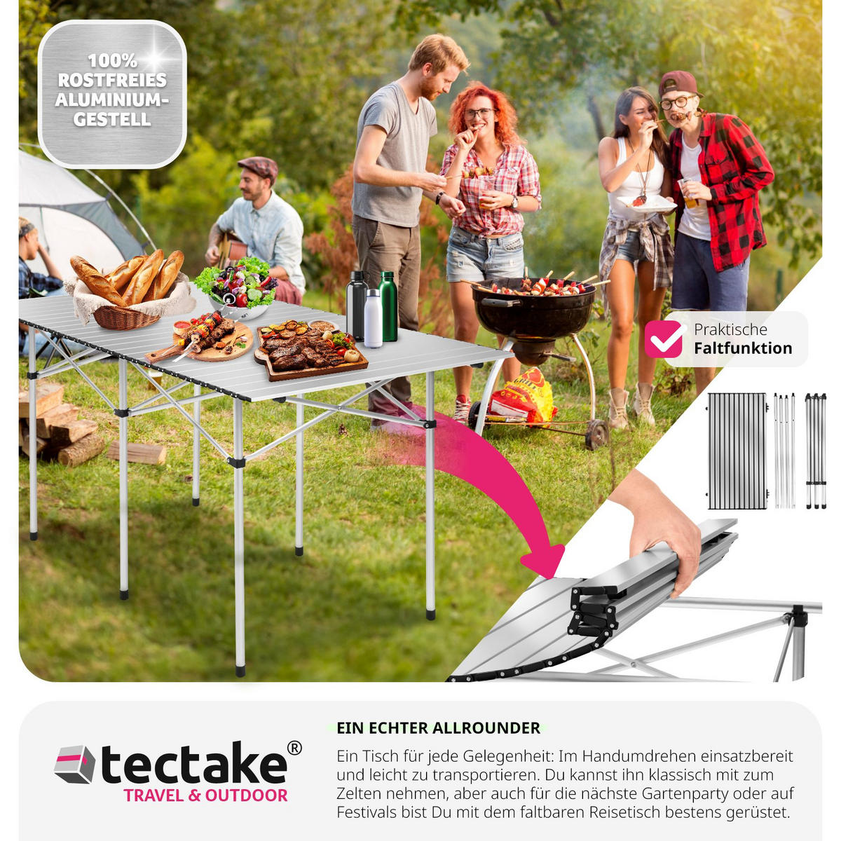 CAMPINGTISCH ,140 x 70 x 70 cm,grau - Grau, Metall (140/70/70cm) - tectake