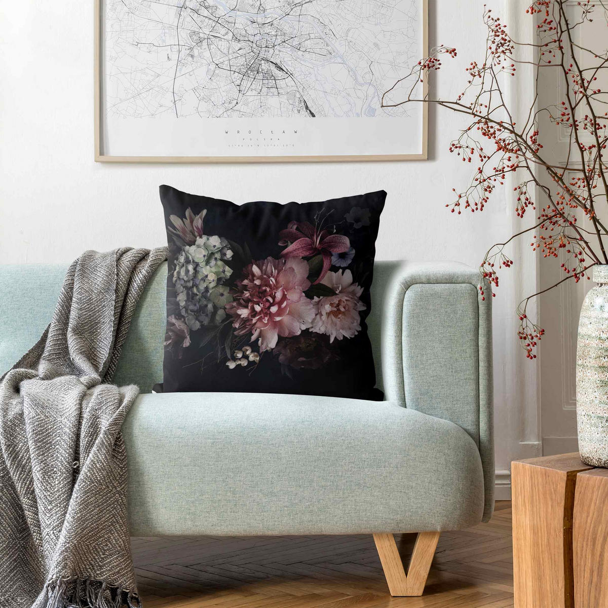 DEKOKISSEN Blumen mit Nebel auf Schwarz 40/40 cm - Schwarz, Textil (40/40/10cm) - Bilderwelten