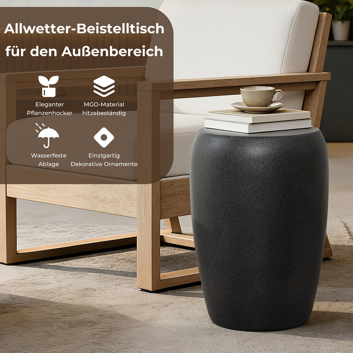 BEISTELLTISCH für den Außenbereich, 50 cm, rund, Struktur aus Zement im Travertin-Stil - Schwarz Hochglanz, Kunststoff (35/35/49.5cm) - Hometopia