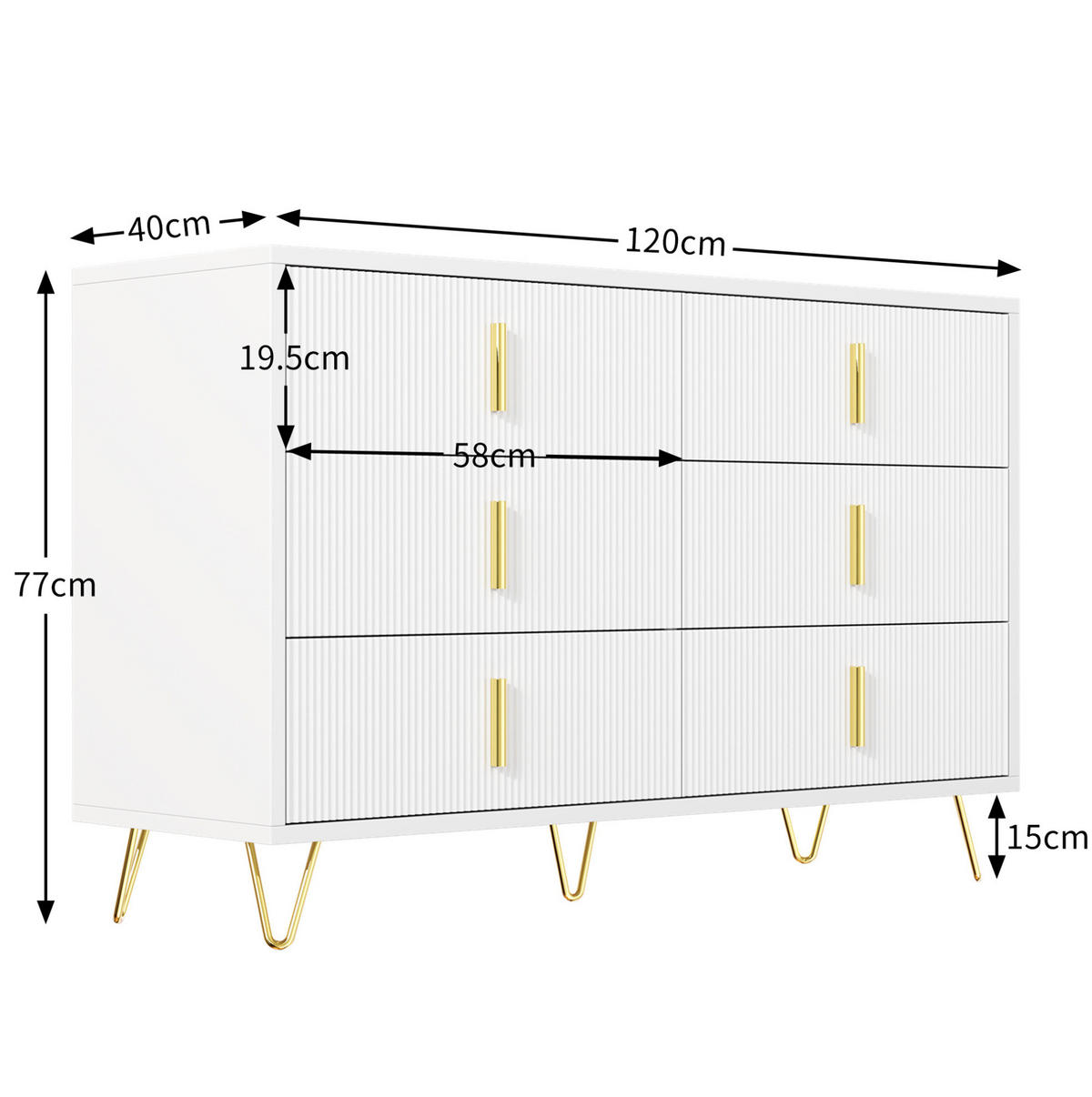 SIDEBOARD 120/40/77 cm weiß/gold aus Spanplatte mit 6 Schubladen - Weiß, Holzwerkstoff (120/77/40cm) - OKWISH