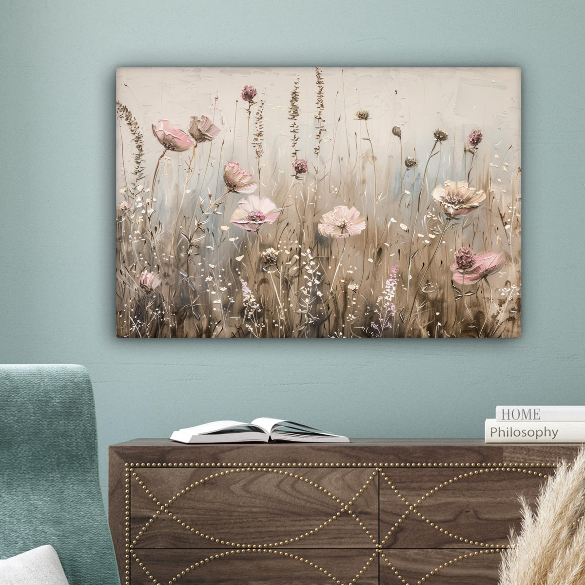 LEINWANDBILD Blumen - Rosa - Modern - Beige 90x60 cm - Beige, Textil (90/60cm) - MuchoWow