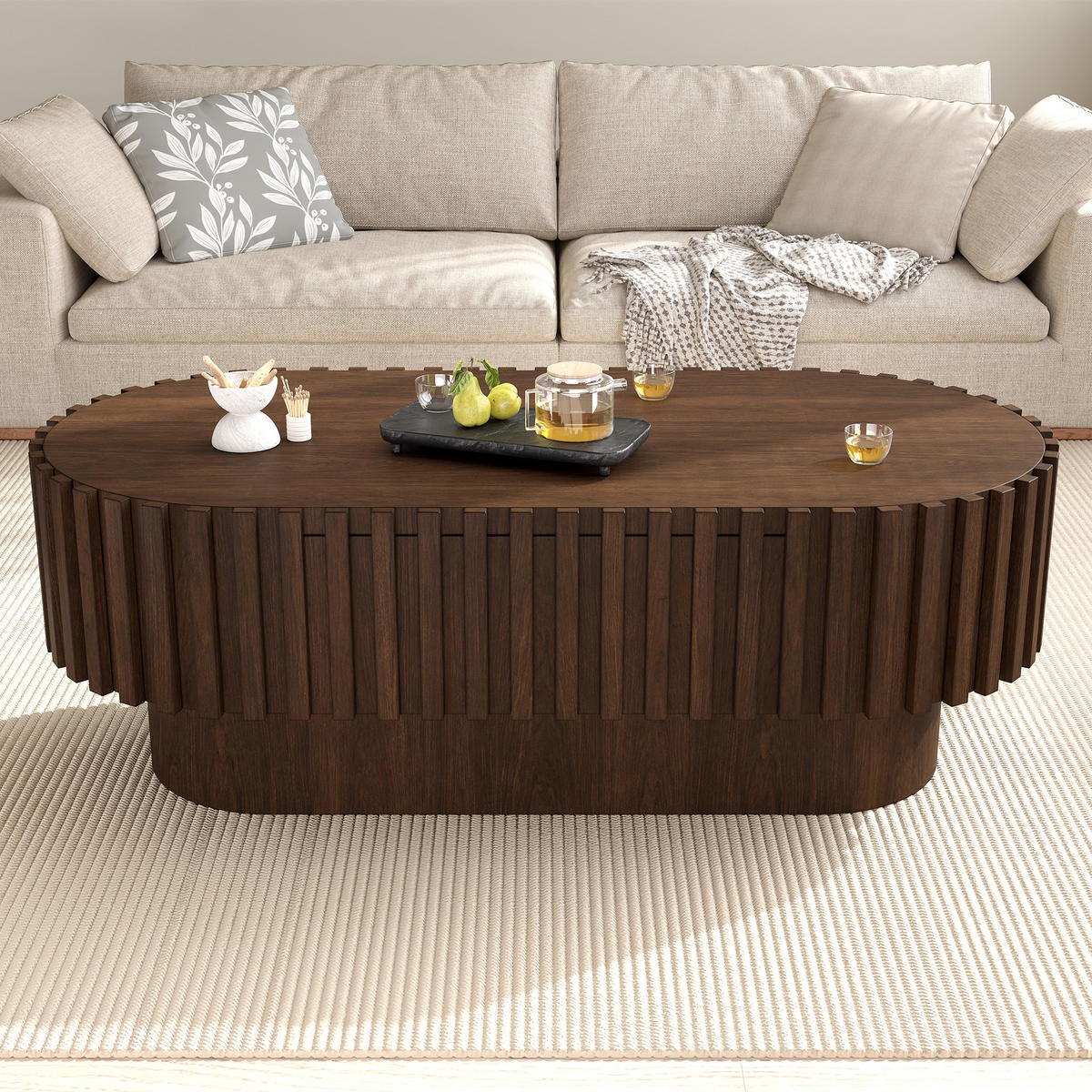 COUCHTISCH 100/50/35,5 cm mit Schublade und Lamellenoptik in Walnussholzfarbe - Walnussfarben/Schwarz, Holzwerkstoff (50/100/35.5cm) - CHICFURN
