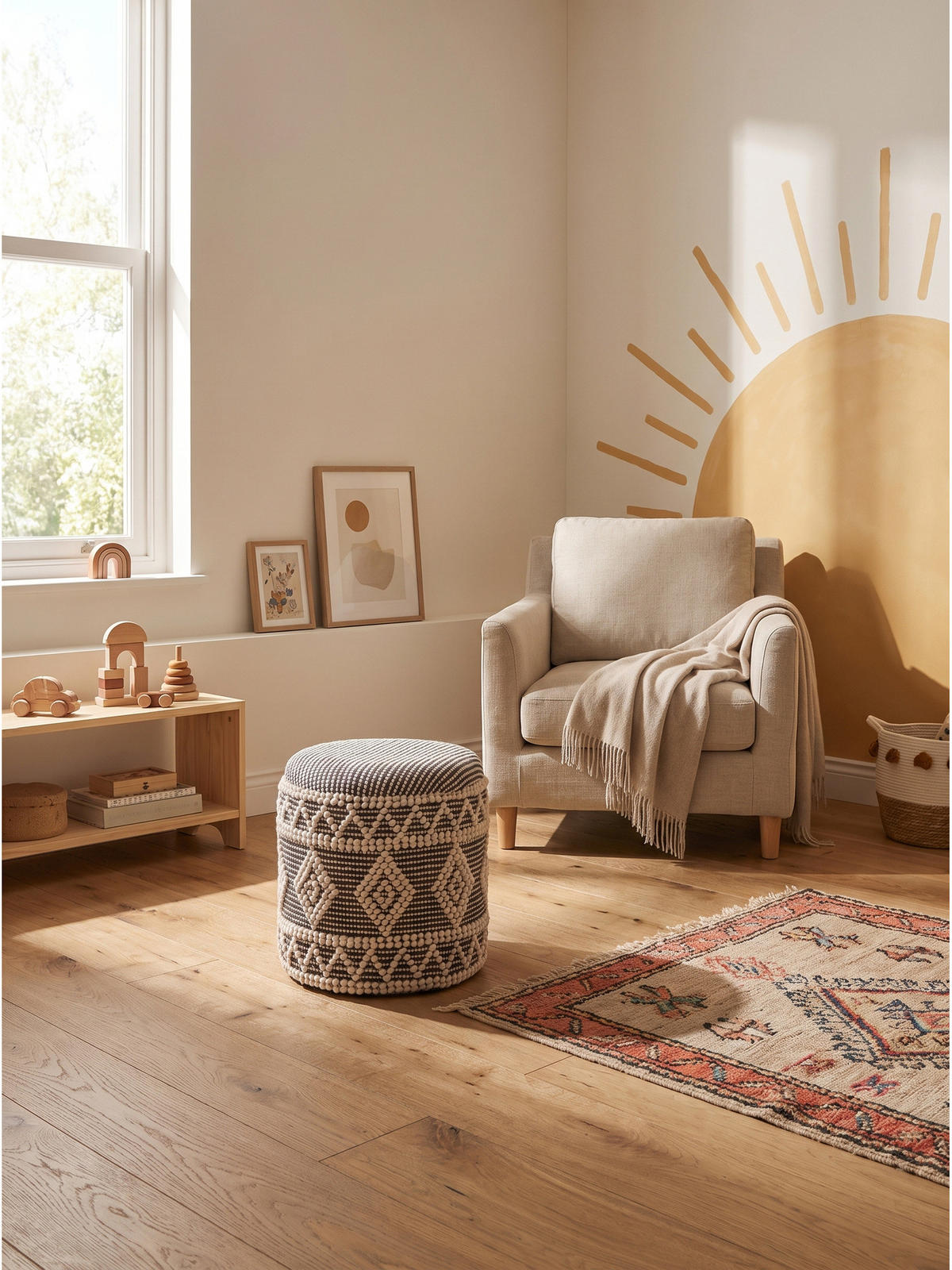 SITZHOCKER RHONE, Stoff, mit Textilbezug, mit Rautenstruktur, Creme-Schwarz, Ø 40 x 45 cm - Beige/Grau, Textil (40/45/40cm) - KADIMA DESIGN