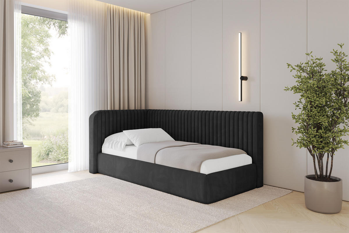 EINZELLBETT Jugendbett mit Bettkasten und Matratze H3/H4, Rechts - AURY 80x200 Schwarz - Anthrazit, Holzwerkstoff/Textil (80/200cm) - ALTDECOR
