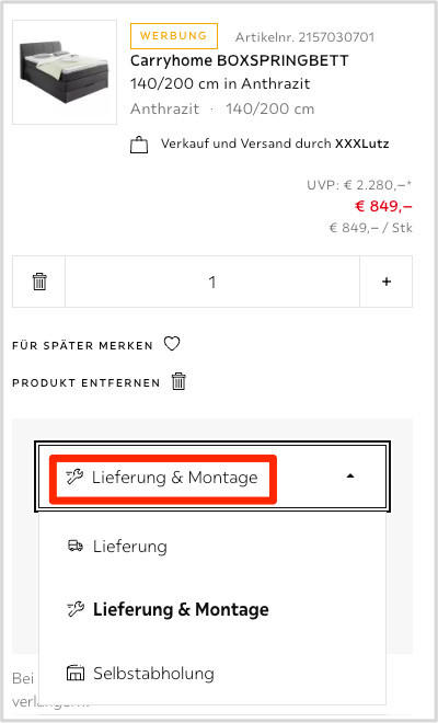 Online Montageservice Warenkorb XXXLutz Onlineshop