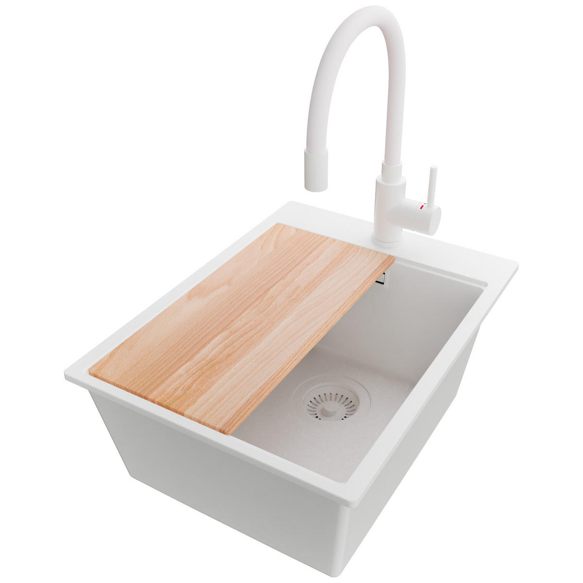 GRANITSPÜLE Oslo, 2-er set Alles Weiß 38/50 cm 1 Becken + Küchenarmatur 38/14 cm + Ablauf-Set + Schneidebrett ab 40er Unterschrank - Beige/Weiß, Kunststoff (38/20/50cm) - Primagran