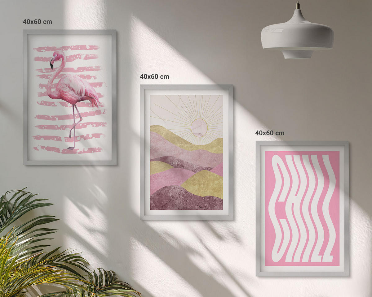 BILDER SET 3er Set - 40x60 cm Silberner Rahmen - Pastelllandschaft mit rosa Flamingos - Silberfarben, Kunststoff (40/60cm) - TULUP