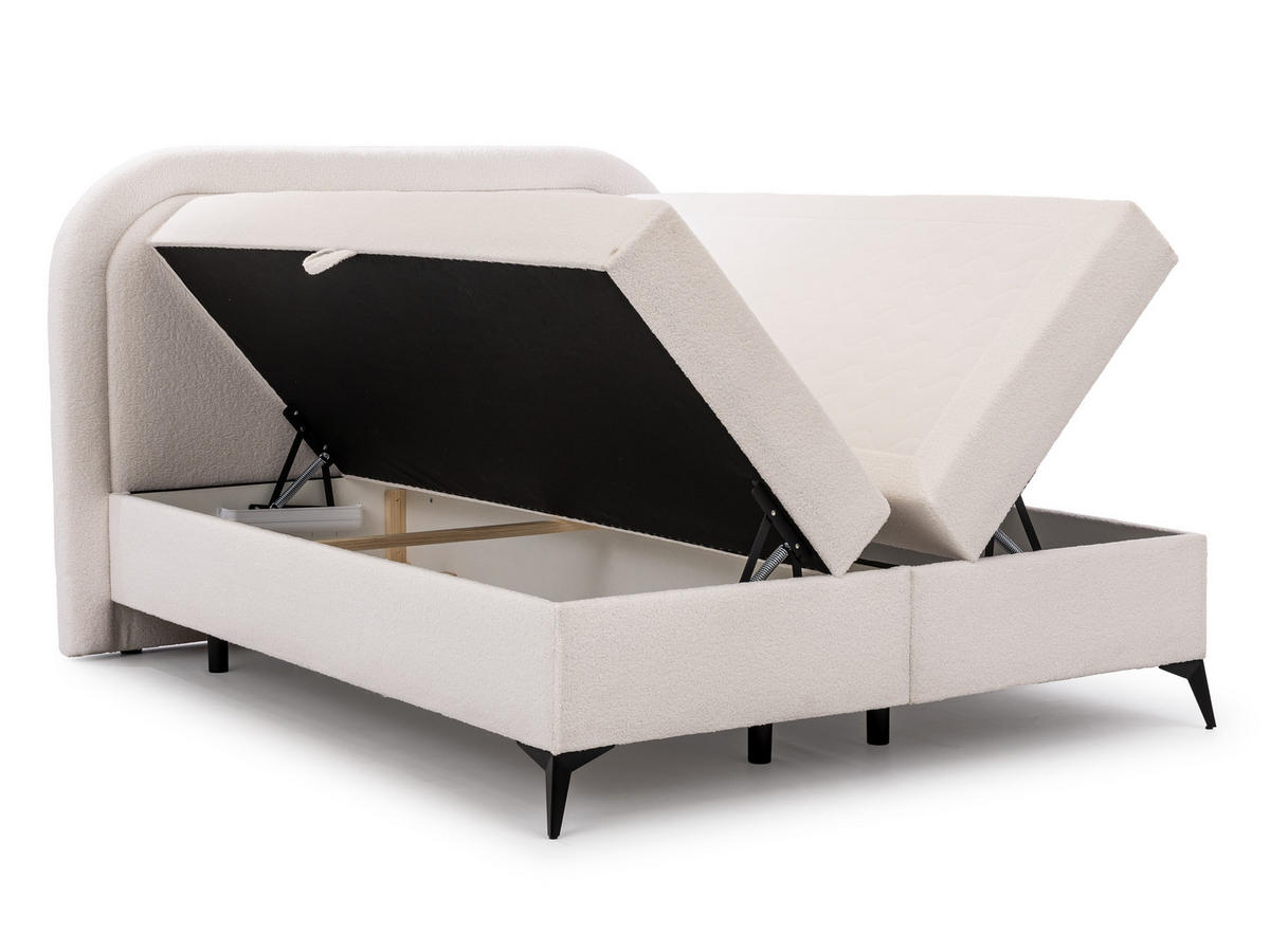 BOXBETT Sonna 140/200 cm Weiß Bouclé-Stoff mit abgerundetem Kopfteil und mit schwarzen Metallfüße - Schwarz/Weiß, Holz/Textil (140/200cm) - S-Style Möbel