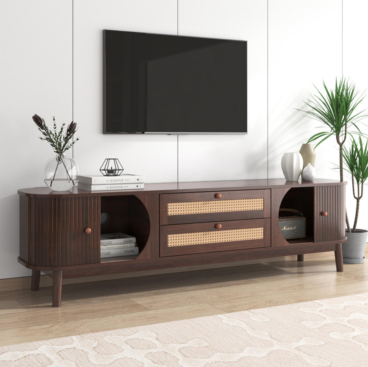 TV-SCHRANK in Holzoptik mit Rattan-Schubladen und Schiebetür 170/39.5/46 cm - Naturfarben, Holzwerkstoff (170/46/39.5cm) - Redom