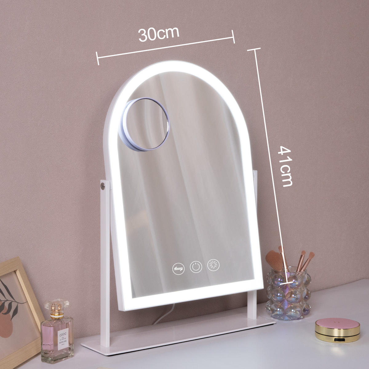 SCHMINKSPIEGEL mit LED Gewölbter Lichtleiste weiß 30/41 cm - Weiß, Metall (30/41/3cm) - VANITII