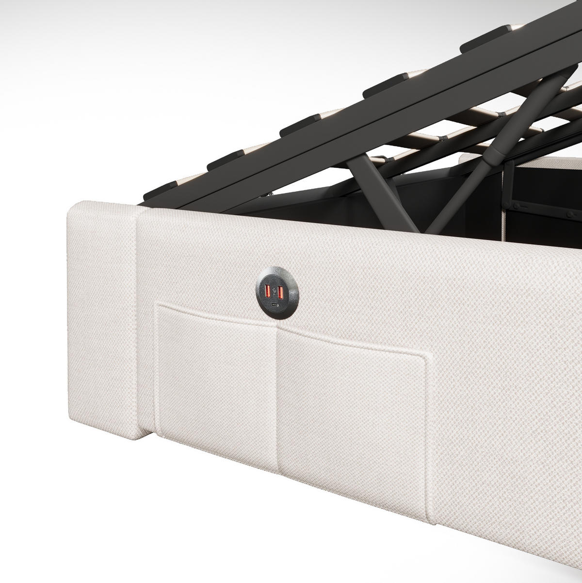 POLSTERBETT 140/200 cm Beige aus Leinen mit LED-Leiste und Bettkasten - Beige, Textil (140/200cm) - OKMYHOME