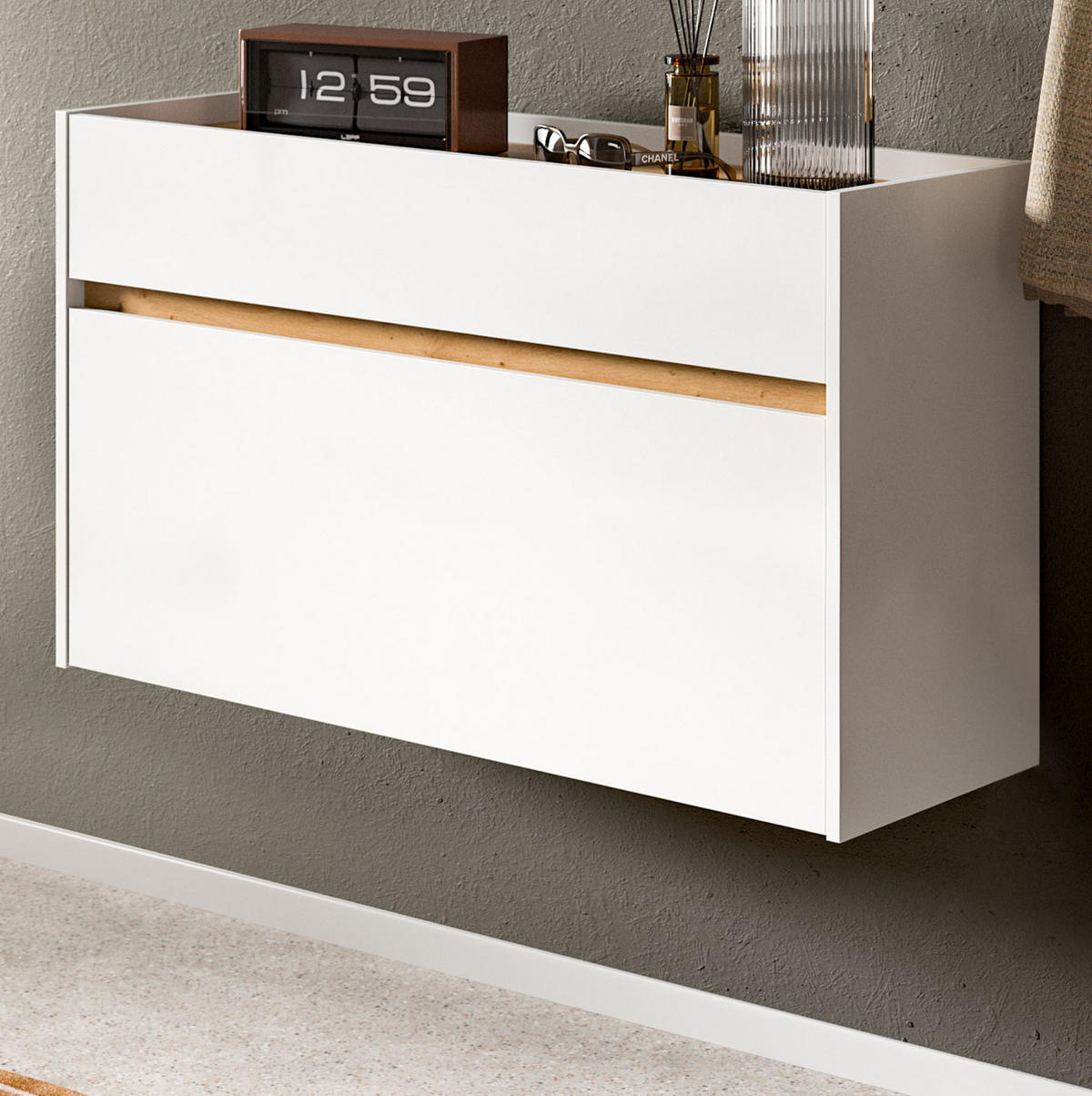 SCHUHKIPPER weiß und Artisan Eiche, Schuhschrank hängend 110 x 61 cm, Borga - Weiß/Eiche Artisan, Holzwerkstoff (110/61/32cm) - Inn.Furn