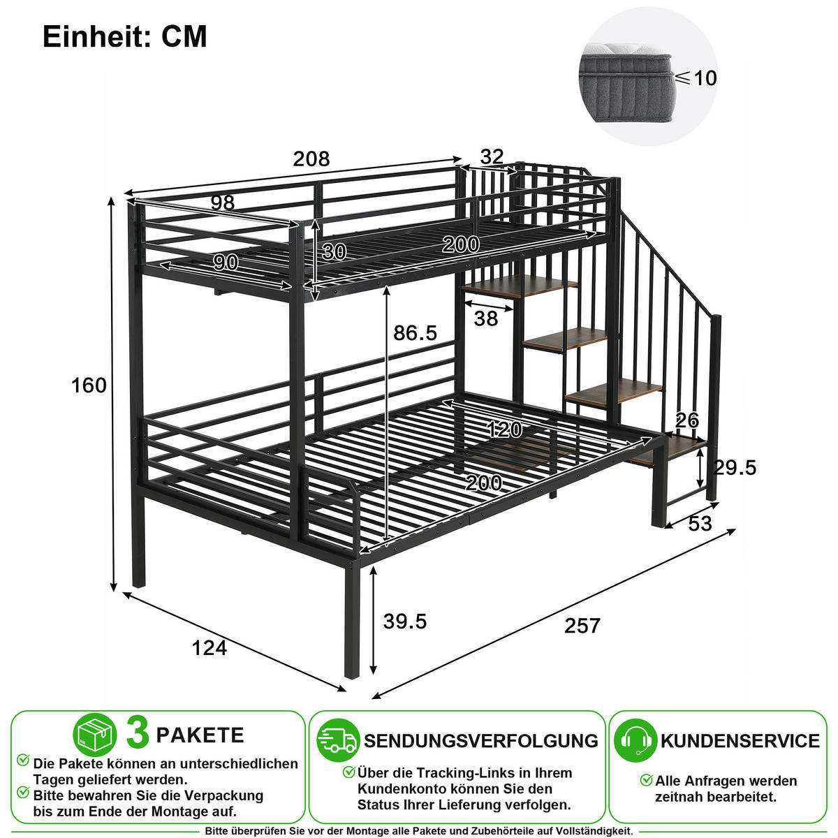 ETAGENBETT 90/200 cm & 120/200 cm in Schwarz & Vintage-Holzfarbe mit Eckleiter und Stauraum - Schwarz, Metall (90/200cm) - CHICFURN