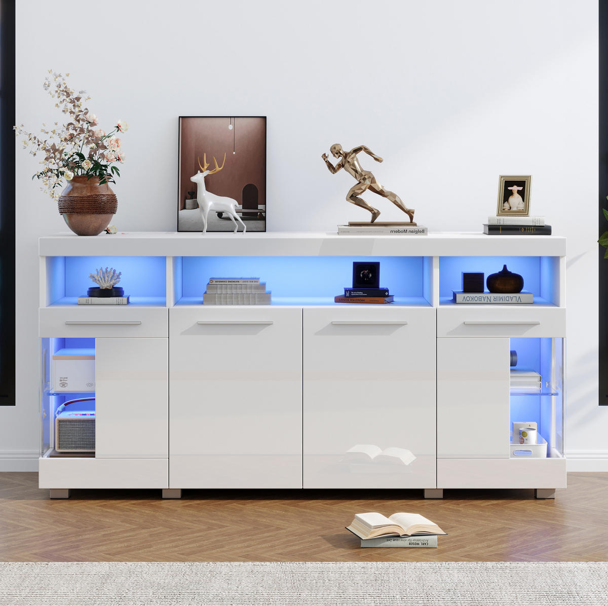 SIDEBOARD 140/40/70 cm mit LED-Beleuchtung, Hochglanzfront und Türen aus gehärtetem Glas, Weiß - Weiß, Holzwerkstoff (140/70/40cm) - Redom