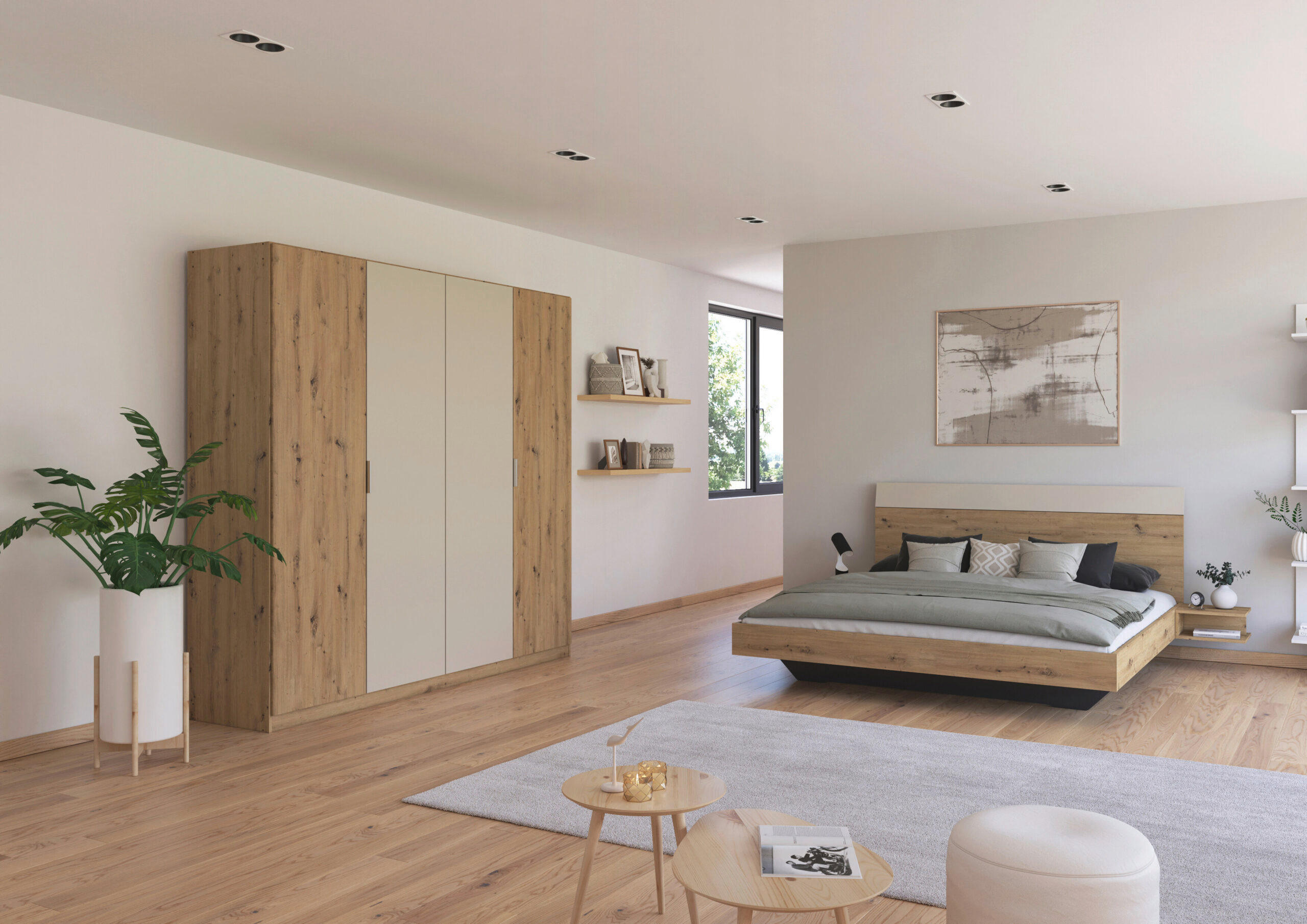 SCHLAFZIMMER Monza in Eiche Artisan und Beige mit Bettanlage 180x200cm, 2 Nachttischen und Drehtürenkleiderschrank 4türig ohne Spiegel - Braun, Holzwerkstoff (80/200/120cm)