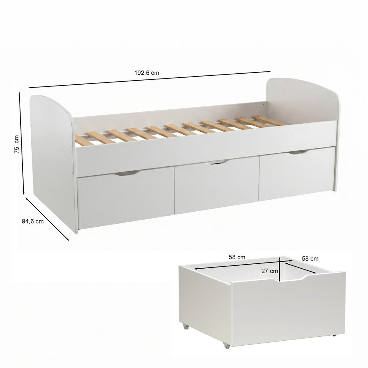KINDERBETT MIA / SPIELBETT Lattenrost + 3x Schubladen - Weiß - Weiß, Holz/Holzwerkstoff (90/190cm) - Weber Industries