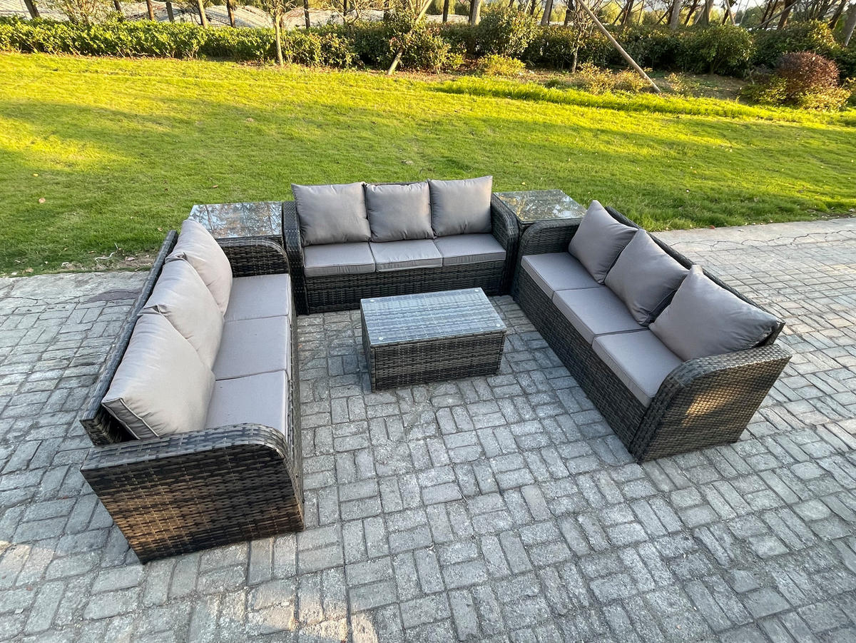 GARTENMÖBELGARNITUR mit KISSEN Polyrattan Dunkelgrau 9-Sitzer - Dunkelgrau/Grau, Glas/Kunststoff - Fimous