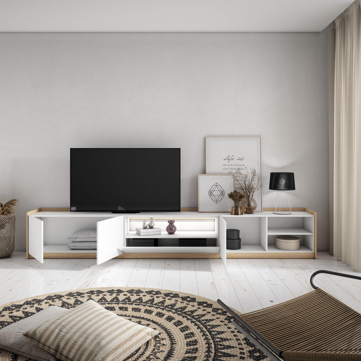 LOWBOARD, Weiß und Eiche, 310/37/50cm, mit Led - Weiß, Holzwerkstoff (310/50/37cm) - Skraut Home