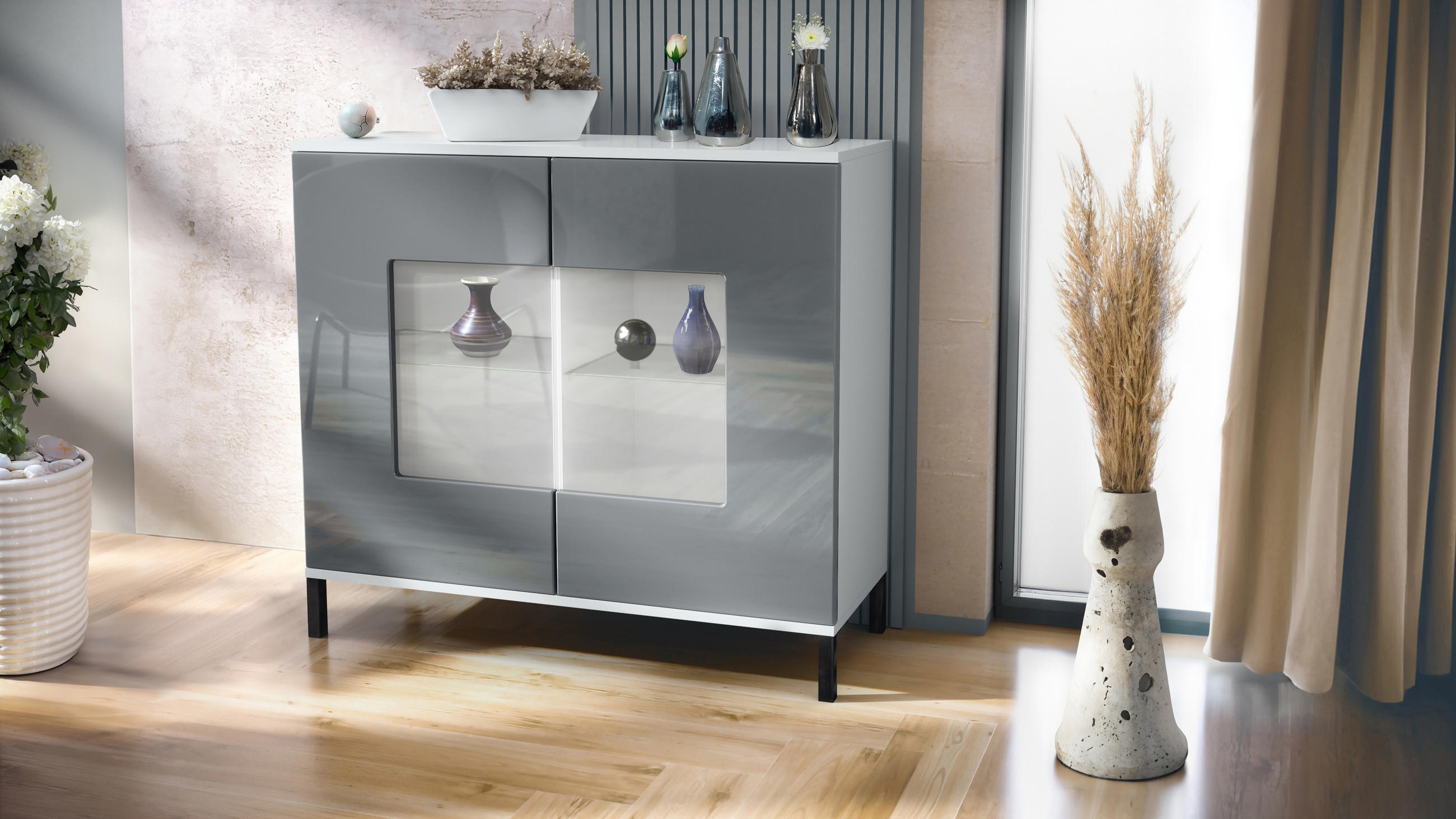 KOMMODE Grömitz Grau Hochglanz - Grau, Holzwerkstoff (92.5/83.5/35cm) - Vladon