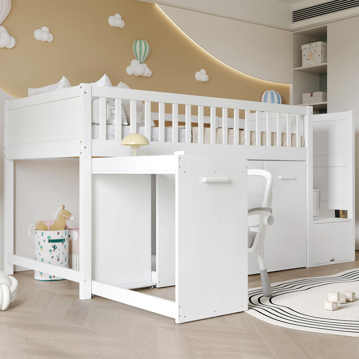 ETAGENBETT 90/200 cm Weiß mit Schreibtisch und viel Stauraum aus Kiefer und MDF - Weiß, Holzwerkstoff (90/200cm) - OKWISH