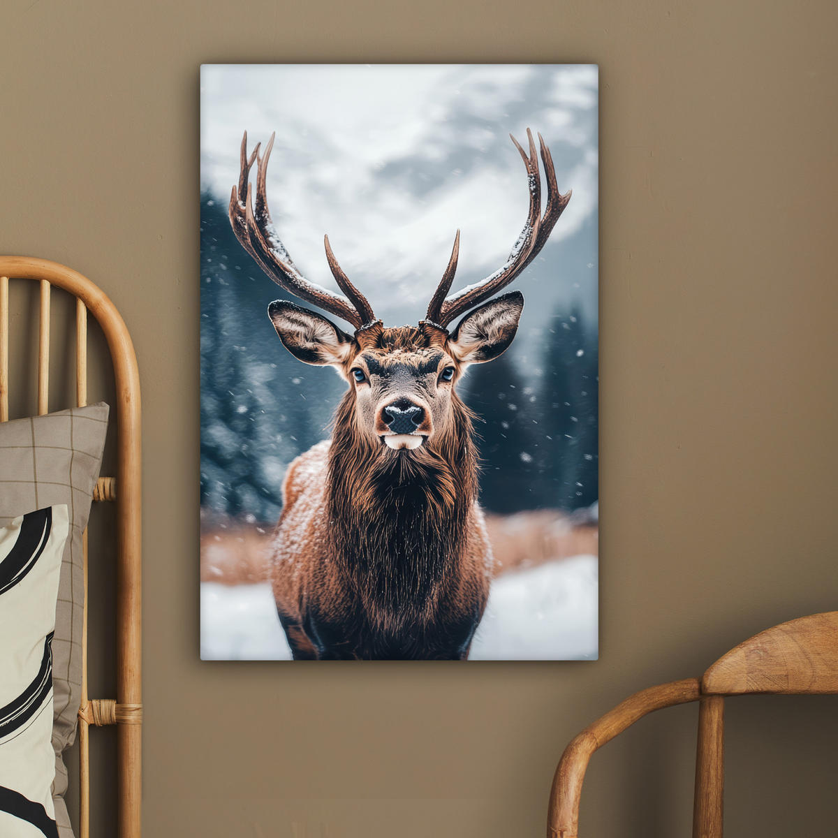 LEINWANDBILD Hirsche - Tiere - Landschaft - Winter - Schnee 60x90 cm - Kastanienfarben, Textil (60/90cm) - MuchoWow