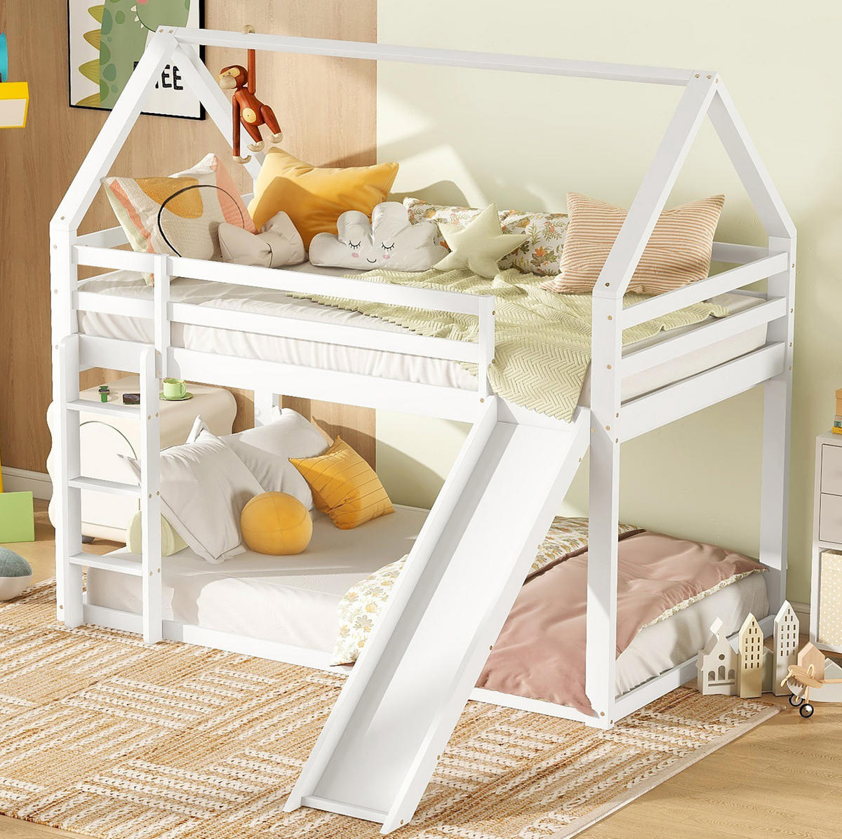 ETAGENBETT Hausform mit Rutsche und Leiter, Weiß, 90/200 cm - Weiß, Holz (90/200cm) - MIVRAY
