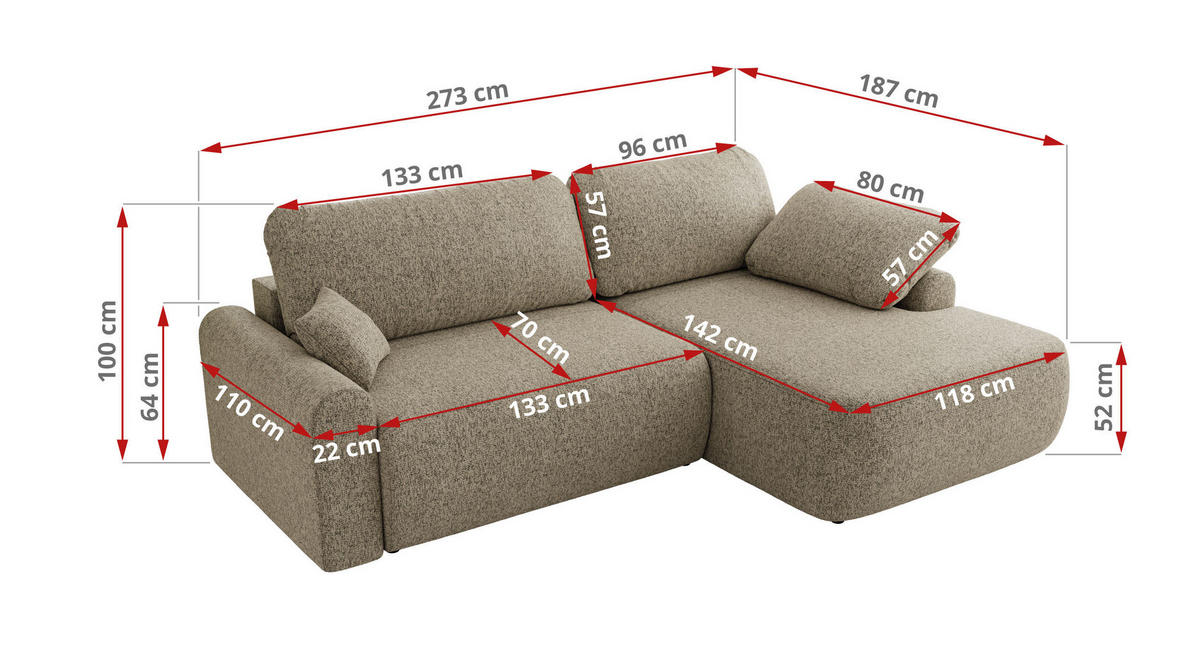 ECKSCHLAFSOFA CUBO L Dunkelbeige Struktur - links - Beige/Schwarz, Kunststoff/Textil (273/187cm) - MKS