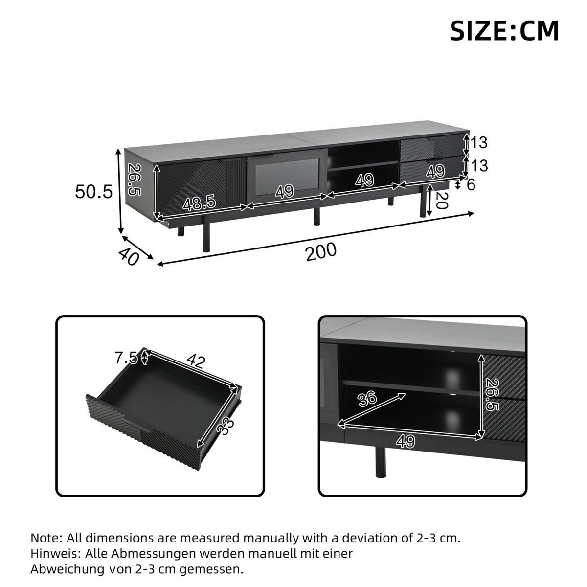 TV-LOWBOARD 200/40/50,5 cm mit 2 Türen, 2 Schubladen und 3 Ebenen, aus Spanplatte mit Glasdetail, Schwarz - Schwarz, Holzwerkstoff (200/50.5/40cm) - Redom