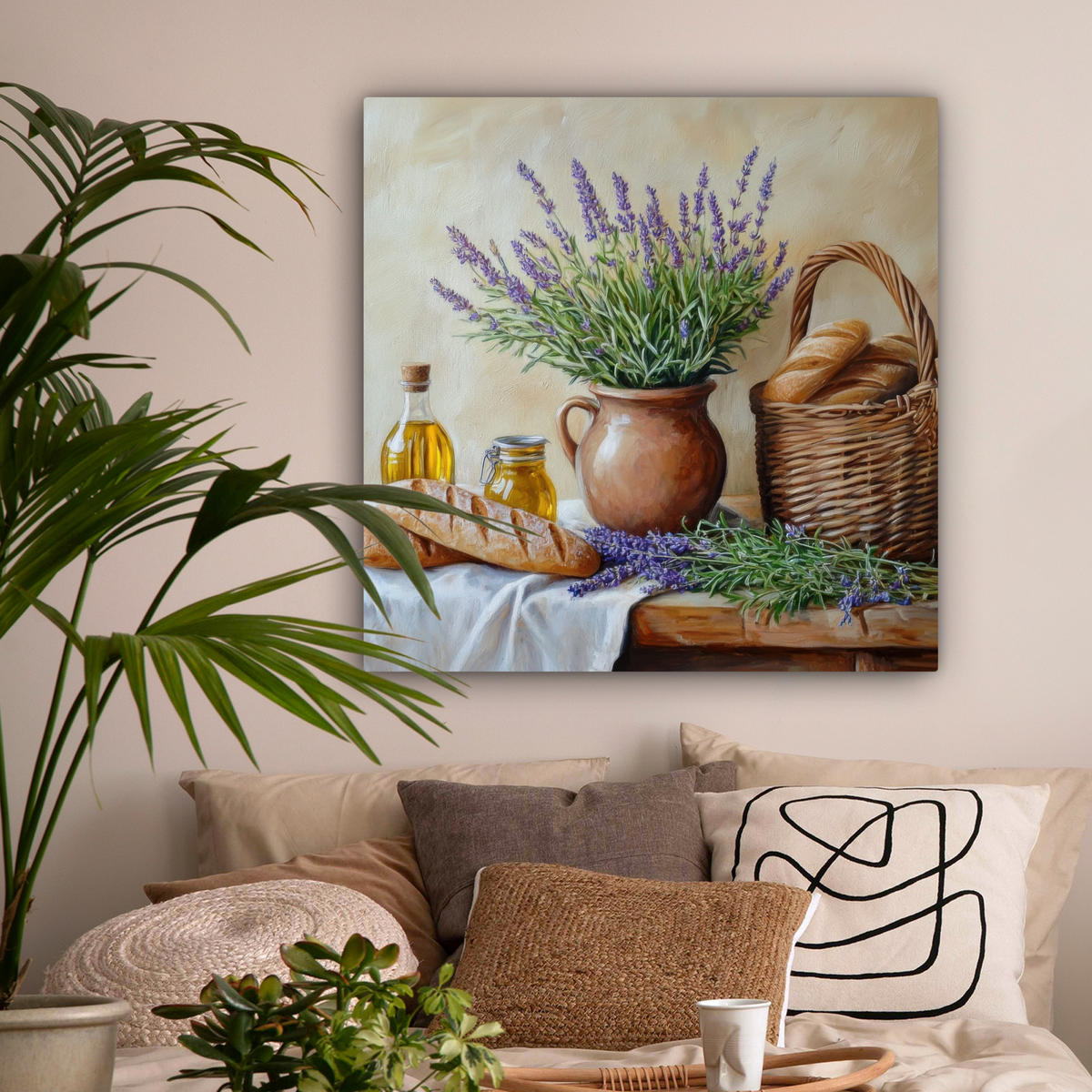 LEINWANDBILD Lavendel - Brot - Stilleben Deko Groß 90x90 cm - Flieder, Textil (90/90cm) - MuchoWow