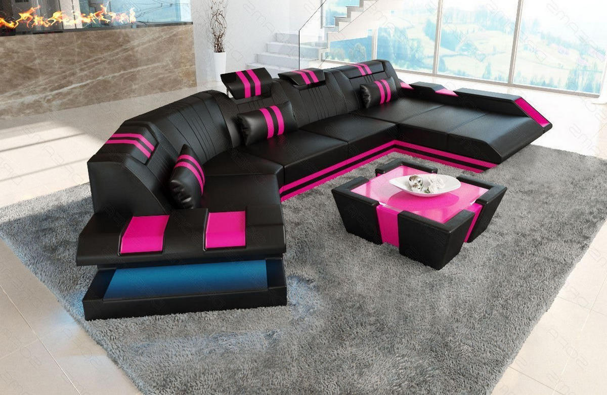 WOHNLANDSCHAFT Apollonia C - Pink/Schwarz, Leder (420/78/190cm) - Sofa Dreams