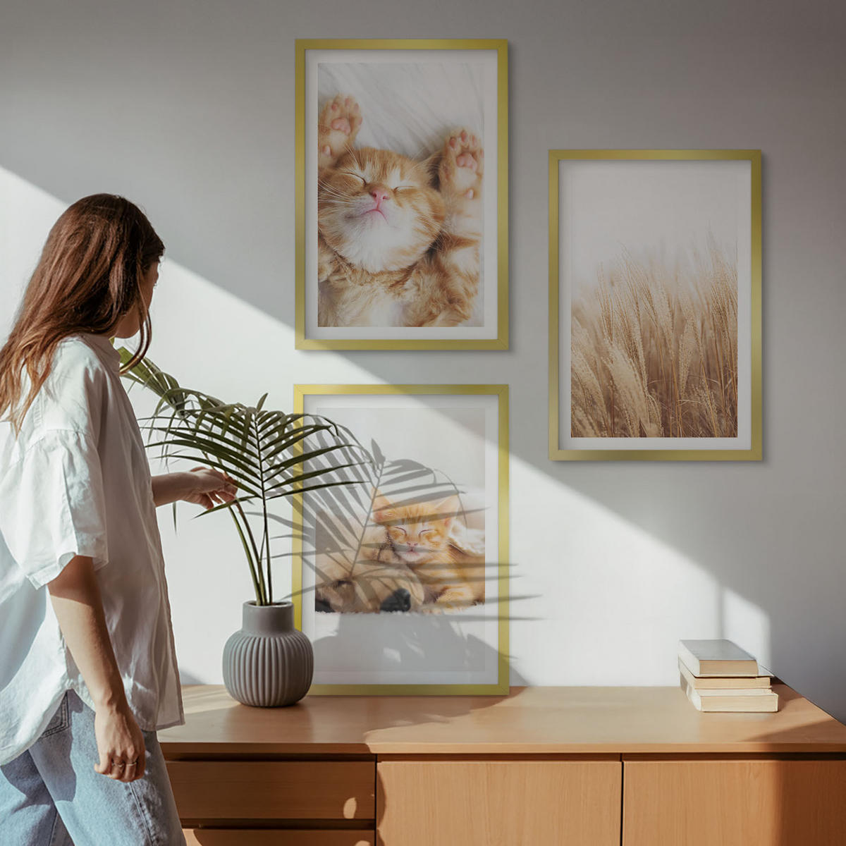 BILDER SET 3er Set - 40x60 cm Goldrahmen - Niedliche Tiere, Katzen, Hunde, Boho-Stil - Goldfarben, Kunststoff (40/60cm) - TULUP