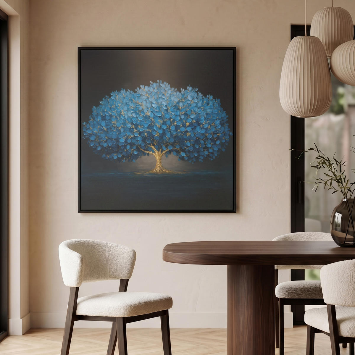 LEINWAND Bilder mit Rahmen - Baum - Blau - Blätter - Pinselstriche - 90x90 - Blau, Textil (90/90cm) - MuchoWow