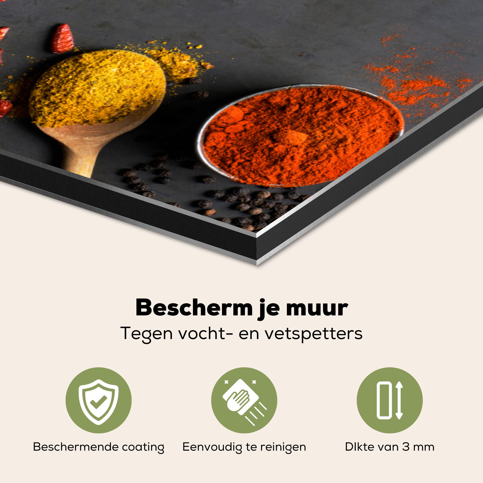 SPRITZSCHUTZ KÜCHE Kräuter - Lebensmittel - Gewürze - Schwarz - Paprika - Zimt 70x50 cm - Currygelb, Metall (70/0.3/50cm) - MuchoWow