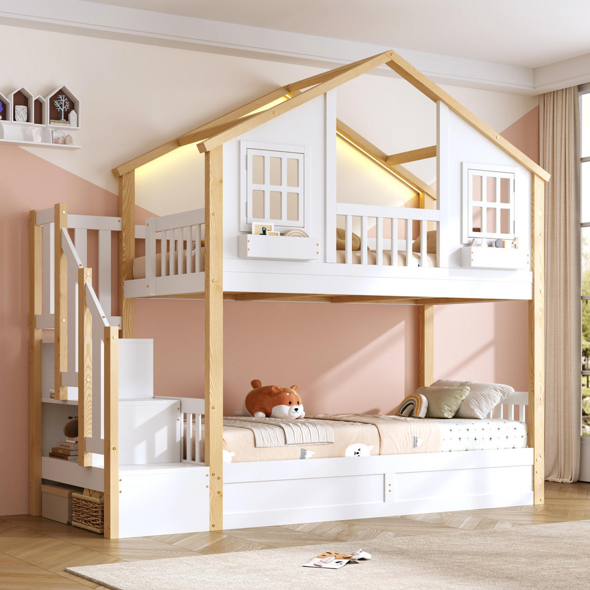 HAUSBETT 90/200 cm aus Kiefer mit Stauraumtreppe und LED-Beleuchtung - Weiß, Holzwerkstoff (90/200cm) - BEAOK